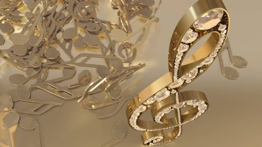 müzikal bir tiz nota anahtarı ve düşen notlar 3D render