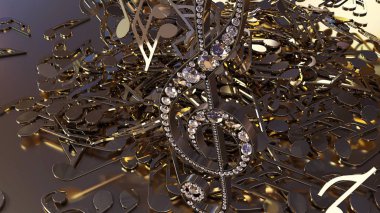 müzikal bir tiz nota anahtarı ve düşen notlar 3D render