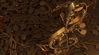 müzikal bir tiz nota anahtarı ve düşen notlar 3D render