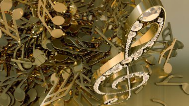 müzikal bir tiz nota anahtarı ve düşen notlar 3D render