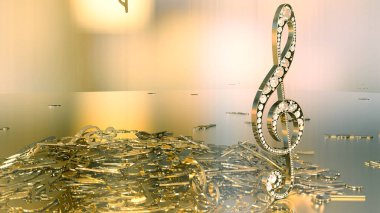 müzikal bir tiz nota anahtarı ve düşen notlar 3D render