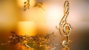 müzikal bir tiz nota anahtarı ve düşen notlar 3D render