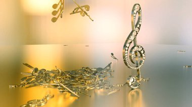 müzikal bir tiz nota anahtarı ve düşen notlar 3D render