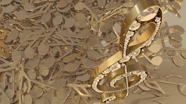 müzikal bir tiz nota anahtarı ve düşen notlar 3D render