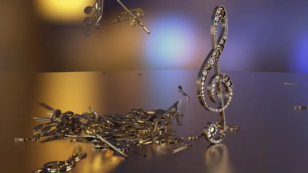 Representación en 3D de una clave de agudos musicales y notas de caída —  Fotos de Stock