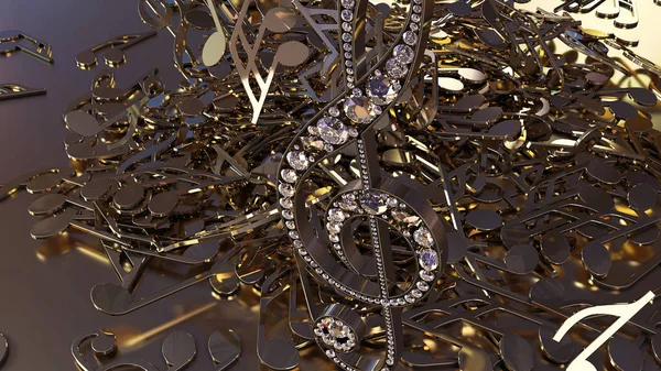 müzikal bir tiz nota anahtarı ve düşen notlar 3D render