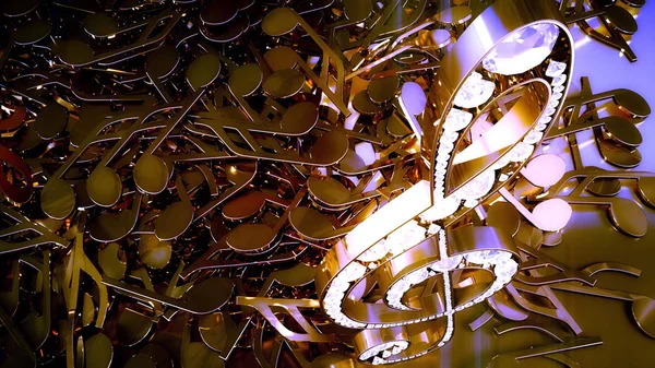 müzikal bir tiz nota anahtarı ve düşen notlar 3D render