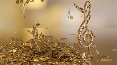 müzikal bir tiz nota anahtarı ve düşen notlar 3D render