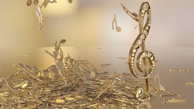 müzikal bir tiz nota anahtarı ve düşen notlar 3D render