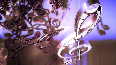 müzikal bir tiz nota anahtarı ve düşen notlar 3D render