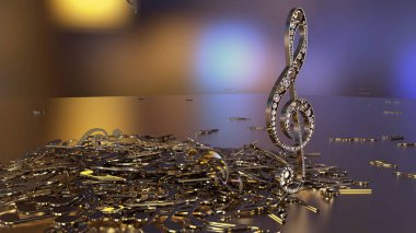 müzikal bir tiz nota anahtarı ve düşen notlar 3D render