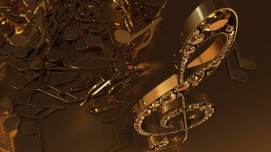 müzikal bir tiz nota anahtarı ve düşen notlar 3D render