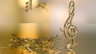 müzikal bir tiz nota anahtarı ve düşen notlar 3D render