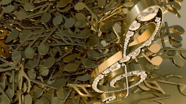 müzikal bir tiz nota anahtarı ve düşen notlar 3D render