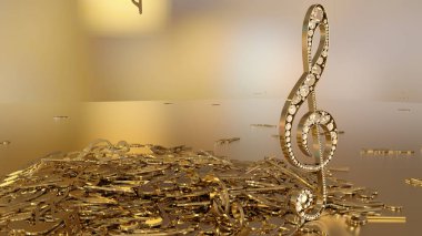 müzikal bir tiz nota anahtarı ve düşen notlar 3D render