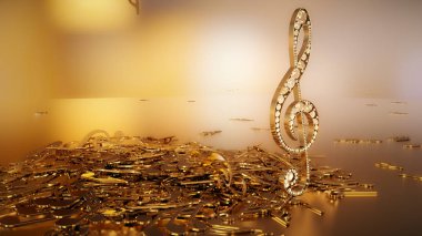 müzikal bir tiz nota anahtarı ve düşen notlar 3D render