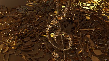 müzikal bir tiz nota anahtarı ve düşen notlar 3D render