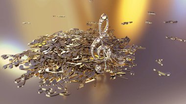 müzikal bir tiz nota anahtarı ve düşen notlar 3D render
