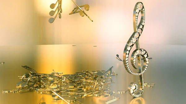 müzikal bir tiz nota anahtarı ve düşen notlar 3D render