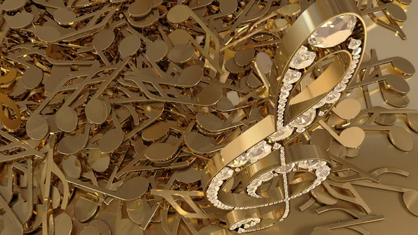 müzikal bir tiz nota anahtarı ve düşen notlar 3D render