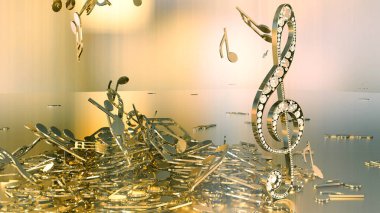 müzikal bir tiz nota anahtarı ve düşen notlar 3D render