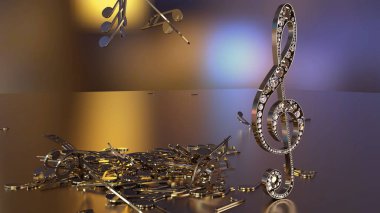 müzikal bir tiz nota anahtarı ve düşen notlar 3D render