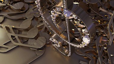 müzikal bir tiz nota anahtarı ve düşen notlar 3D render