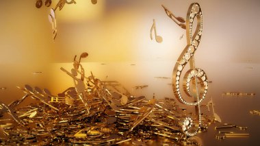 müzikal bir tiz nota anahtarı ve düşen notlar 3D render