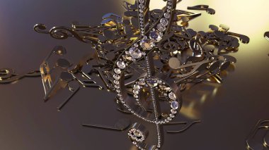 müzikal bir tiz nota anahtarı ve düşen notlar 3D render