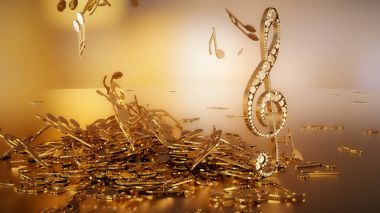 müzikal bir tiz nota anahtarı ve düşen notlar 3D render