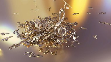 müzikal bir tiz nota anahtarı ve düşen notlar 3D render