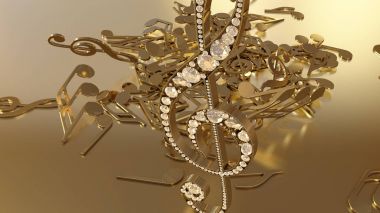 müzikal bir tiz nota anahtarı ve düşen notlar 3D render