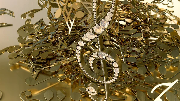 müzikal bir tiz nota anahtarı ve düşen notlar 3D render