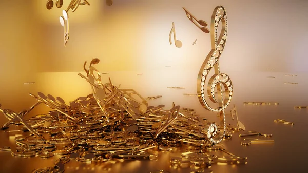 müzikal bir tiz nota anahtarı ve düşen notlar 3D render