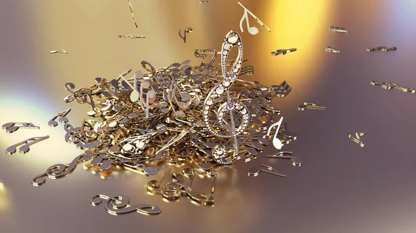 müzikal bir tiz nota anahtarı ve düşen notlar 3D render