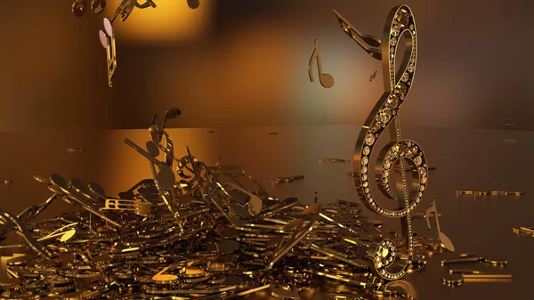 müzikal bir tiz nota anahtarı ve düşen notlar 3D render