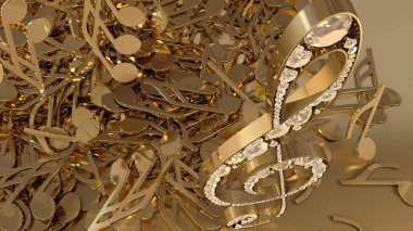 müzikal bir tiz nota anahtarı ve düşen notlar 3D render