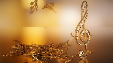 müzikal bir tiz nota anahtarı ve düşen notlar 3D render