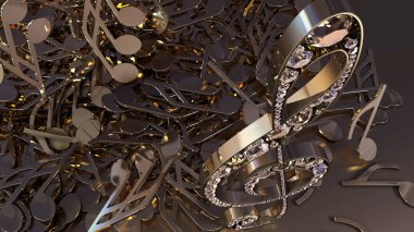 müzikal bir tiz nota anahtarı ve düşen notlar 3D render