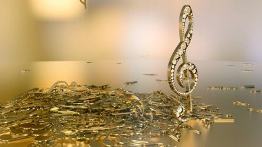 müzikal bir tiz nota anahtarı ve düşen notlar 3D render