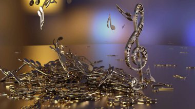 müzikal bir tiz nota anahtarı ve düşen notlar 3D render