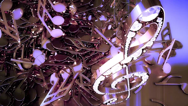 müzikal bir tiz nota anahtarı ve düşen notlar 3D render