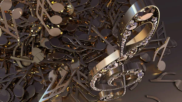 müzikal bir tiz nota anahtarı ve düşen notlar 3D render