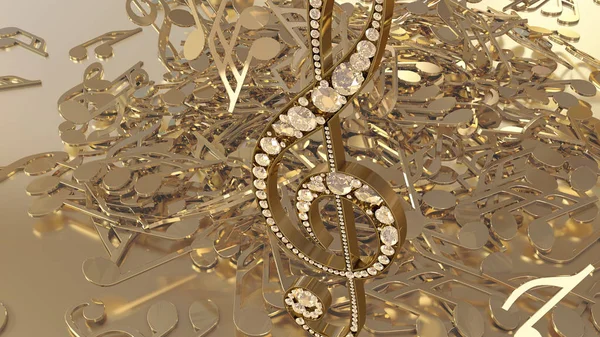 müzikal bir tiz nota anahtarı ve düşen notlar 3D render