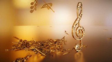 müzikal bir tiz nota anahtarı ve düşen notlar 3D render