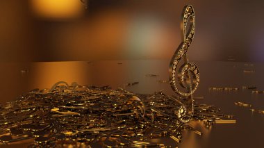 müzikal bir tiz nota anahtarı ve düşen notlar 3D render