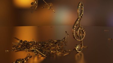 müzikal bir tiz nota anahtarı ve düşen notlar 3D render