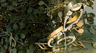 müzikal bir tiz nota anahtarı ve düşen notlar 3D render