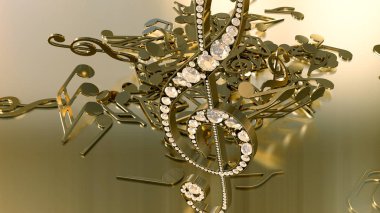 müzikal bir tiz nota anahtarı ve düşen notlar 3D render