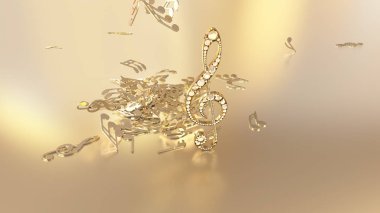 müzikal bir tiz nota anahtarı ve düşen notlar 3D render